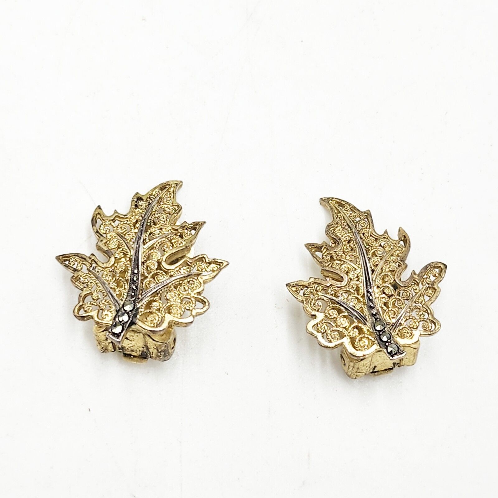 Vintage Alice Caviness 70s Sterling Silver Gold Vermeil Leaf Marcasite Earrings